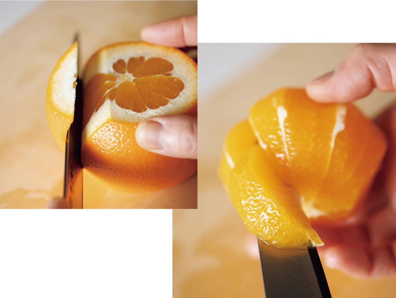 1.グレープフルーツ（ホワイトとルビー各1個）、オレンジはそれぞれ房から果肉を切り出し、保存容器等に入れる。上下と側面の皮を厚めに切り落とした後、袋に沿って両側にナイフを入れると、薄皮が残らずきれいに切り出せる。