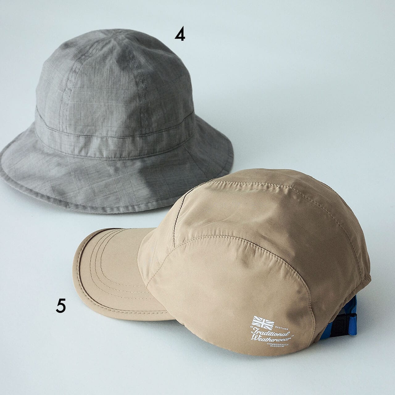 4.帽子￥14 300／アルファ PR（カムズアンドゴーズ）　 5.帽子￥5390／トラディショナル ウェザーウェア 青山店