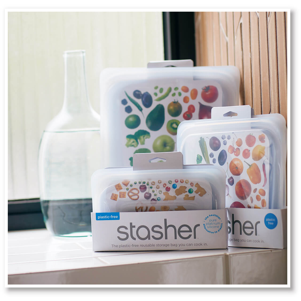 Stasherの食品保存容器 スナック（Sサイズ）￥1320・サンドイッチ（Mサイズ）￥1650・ハーフガロン（Lサイズ）￥2420／ボーテ福原（スタッシャー）