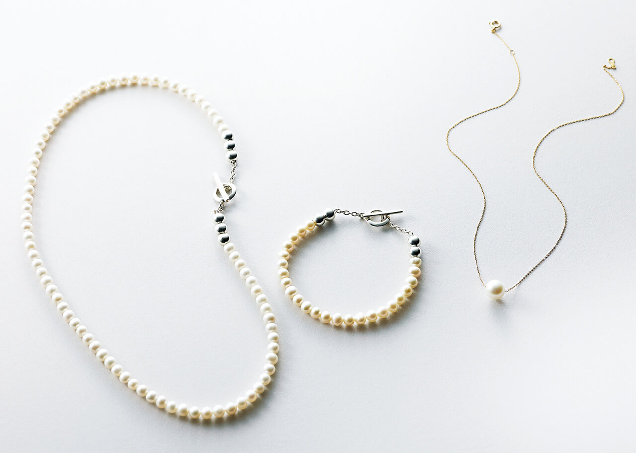 ARTIDA OUD（アルティーダ ウード） “moon drops” K10アコヤパール ショート ネックレス　sympathy of soul style（シンパシーオブソウルスタイル）Pearl Beads T-bar Bracelet　Pearl Beads T-bar Necklace