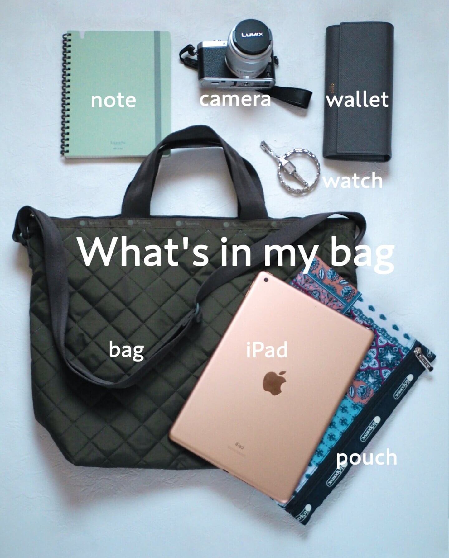 写真：LEE編集スタッフなつおのバッグとその中身。ipad/note/camera/wallet/watch