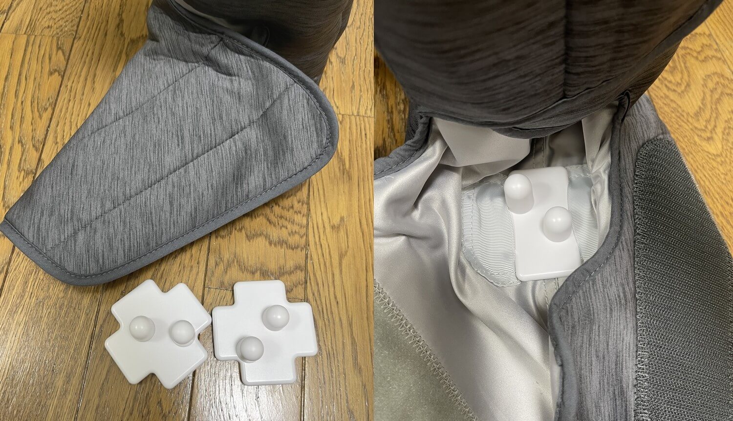 同梱の足裏用パッドは、足先部の面ファスナーをはがして布地を開き、専用ポケットにセットして使います