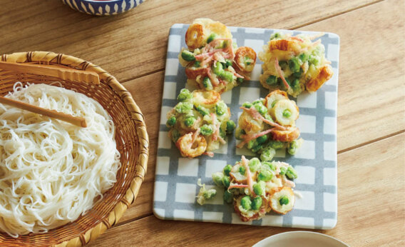 「枝豆、ちくわ、紅しょうがのミニかき揚げそうめん」レシピ／重信初江さん