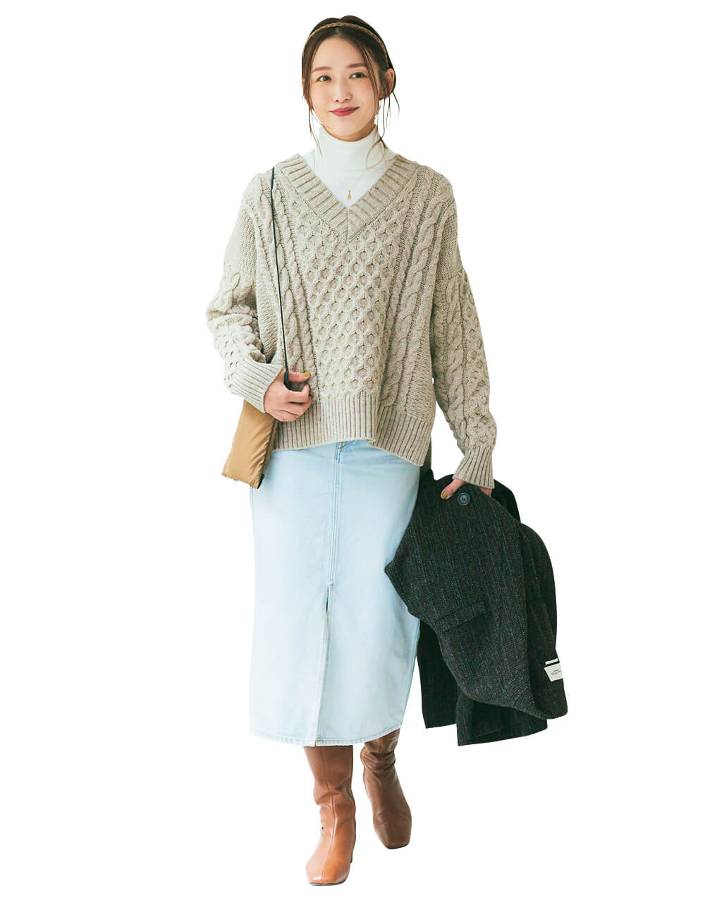 大橋真代さんDenim:ISABEL MARANT Étoile V neck knit:Oldderby Knitwear Turtleneck knit:ZARA Outer:ISABEL MARANT Étoile Head accessories:IRIS47 Bag:MELO Shoes:FABIO RUSCONI