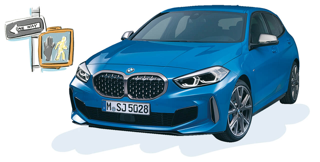 BMW 1シリーズ　362万円〜　総排気量1499㏄　全長4335×全幅1800×全高1465㎜　WLTCモード燃費13.7㎞/ℓ　全7色　定員5名