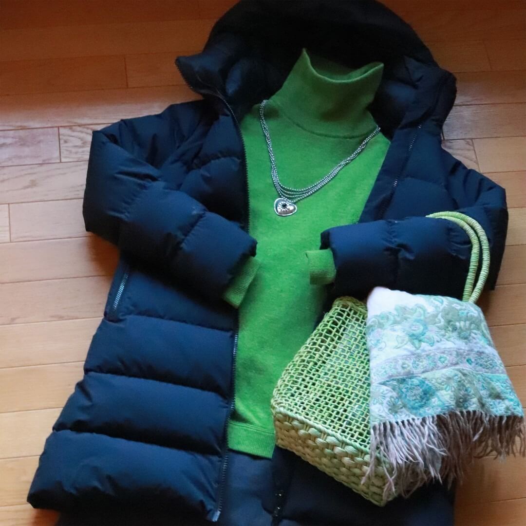 写真：THE NORTH FACEのウィンドストッパーダウンシェルコートと合わせたSISLEYの緑のセーター
