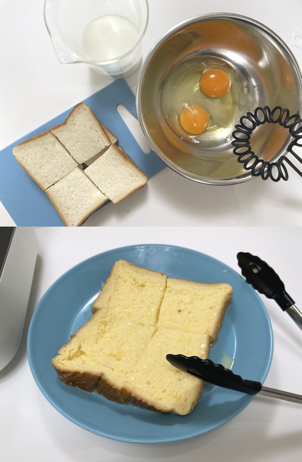 6枚切りの食パンを約2時間卵液に浸してフレンチトーストを作ります