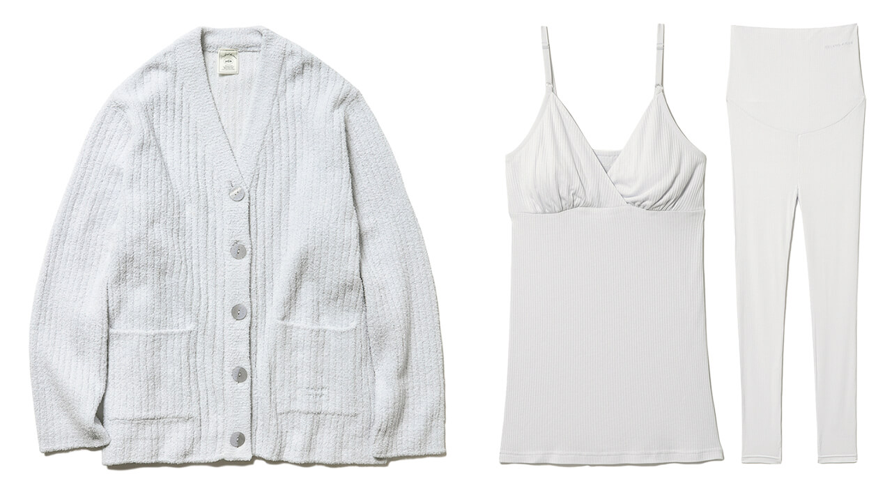 (右から)マタニティマシュマロモコカーディガン¥7260・マタニティテレコレギンス¥5280・マタニティテレコキャミソール¥5280/ジェラート ピケ【すべてオンライン限定】