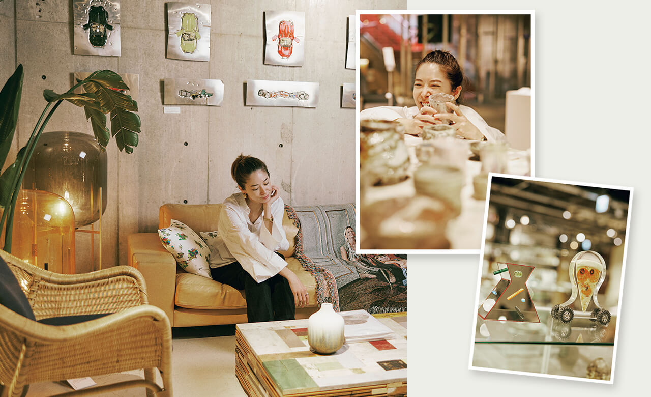 花楓さんと「BLESS」のブランケット 陶芸家うーたん・うしろさん 「dugudagii」（右）と鏡を素材にした和田朋子さんのオブジェ（左）