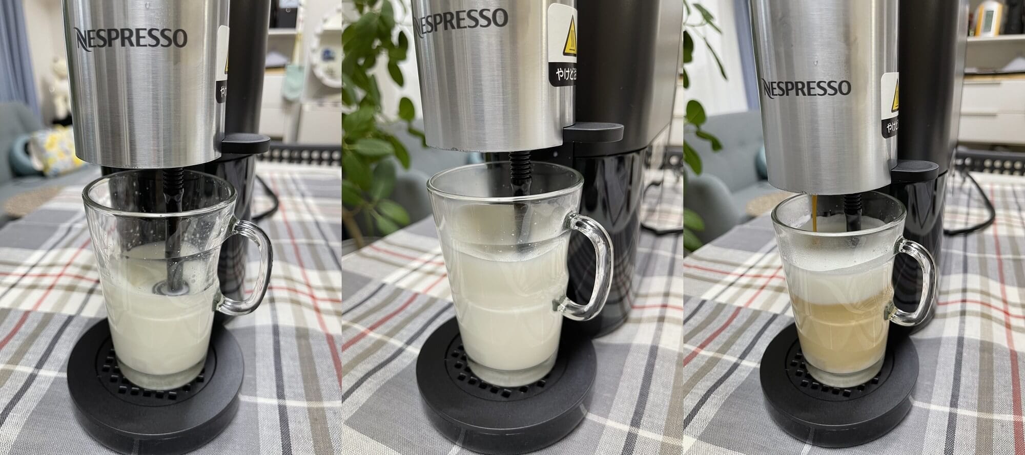 本体にミルクフォーマー（泡だて器）をセットしたら、ミルクの浸るように位置を下げてから、カプチーノボタンを押します。スチームでミルクを温めながら攪拌し、ふわふわのフォームミルクを作った後、コーヒーの抽出が始まります