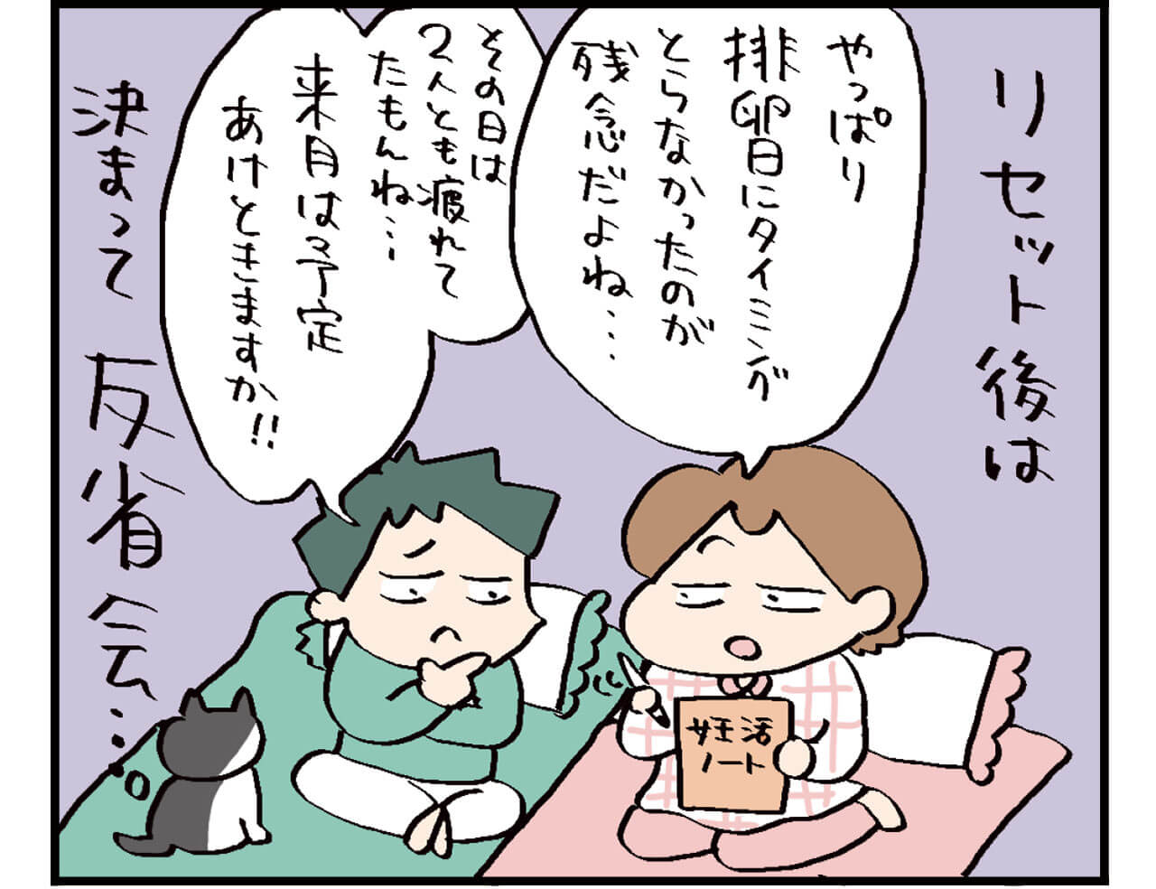 リセット後は決まって反省会…。やっぱり排卵日にタイミングとらなかったのが残念だよね…　その日は2人とも疲れてたもんね…　来月は予定あけときますか‼︎