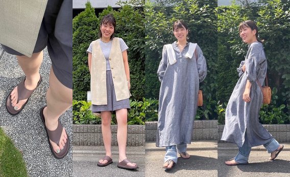 アイキャッチ写真：伊藤あかりさんの、MOHI トングフラットサンダルのコーデと12closet 【石上美津江さんコラボ】リネン混バンドカラーワンピースのコーデ