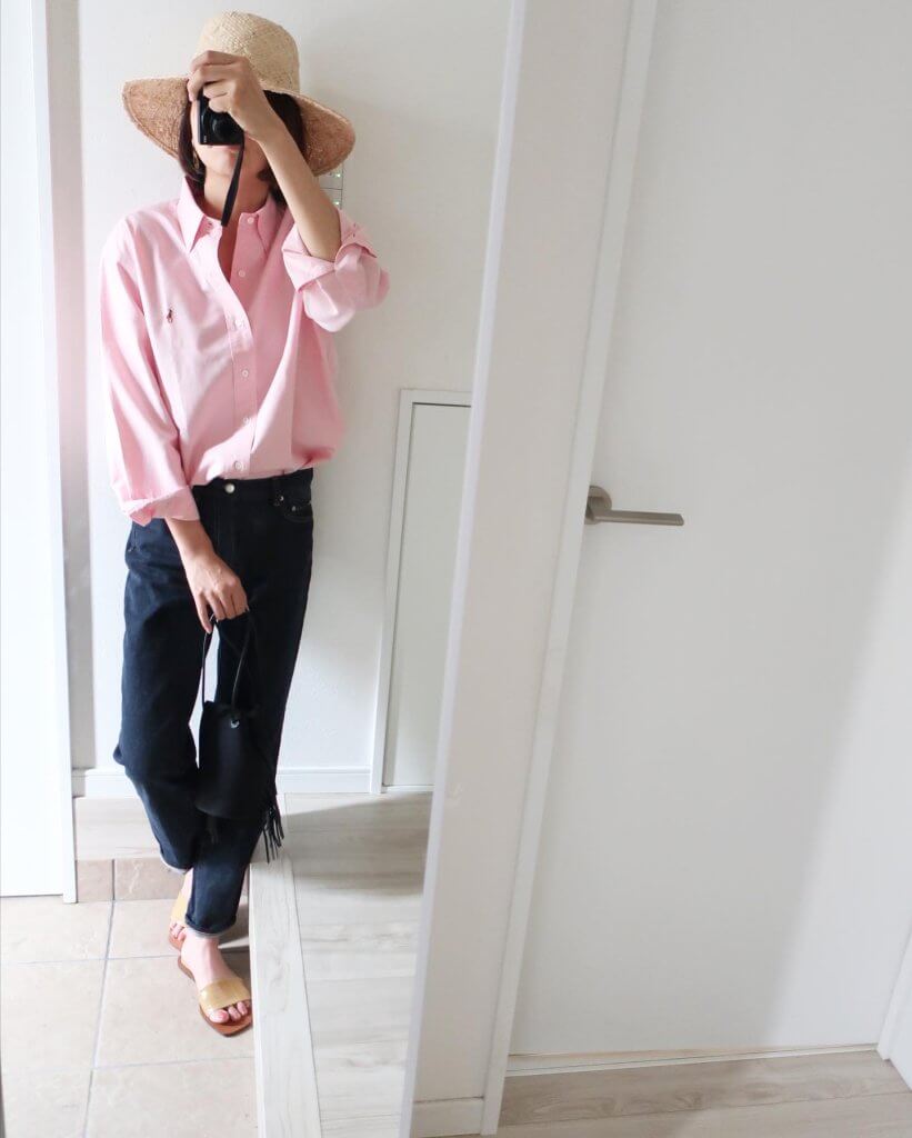ポロラルフローレン　オックスフォードシャツ　ピンク　poloralphlauren サイズ感　アラフォー　女子　メンズシャツ　オーバーサイズ