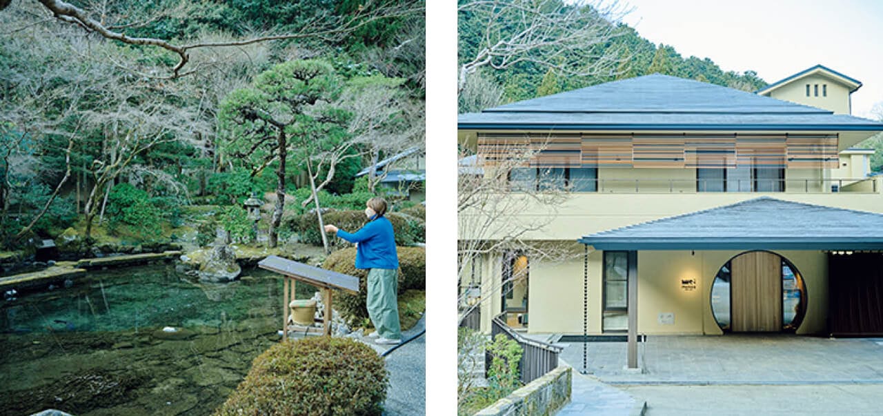 山道の先に現れる趣ある建物。ブランディングディレクターは福田春美さん。鯉が泳ぐ苔庭を散歩するのも癒しに
