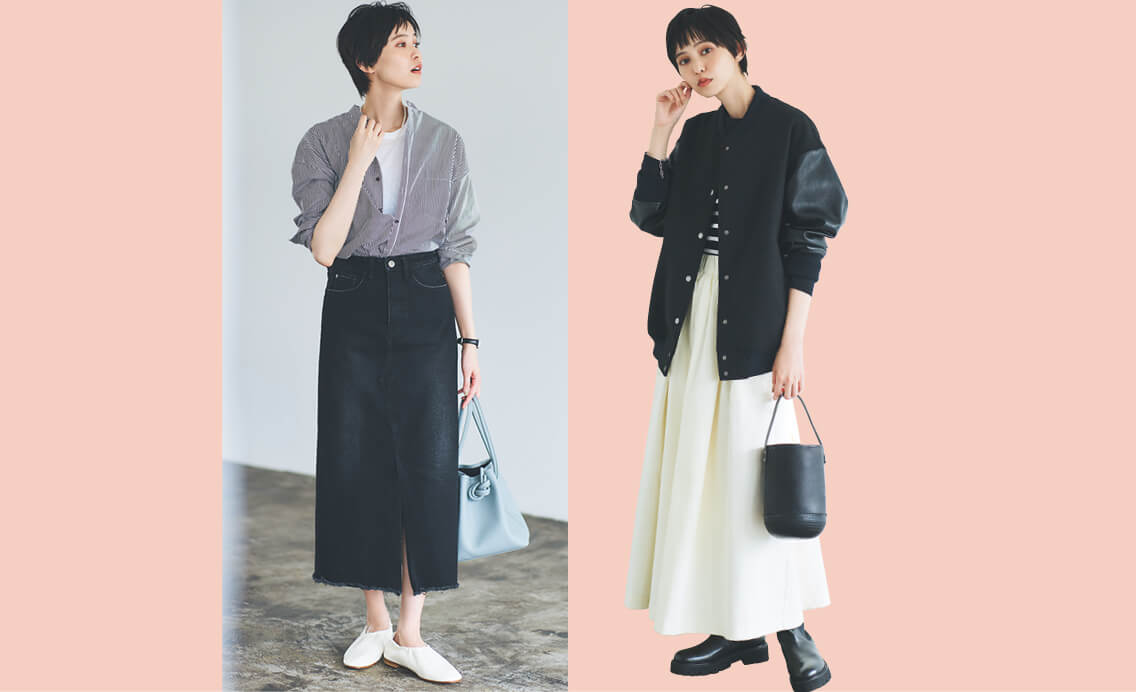 【2022秋ファッション】プラス1でセンスアップ！大人顔デニムスカートと旬度満点バーシティジャケット