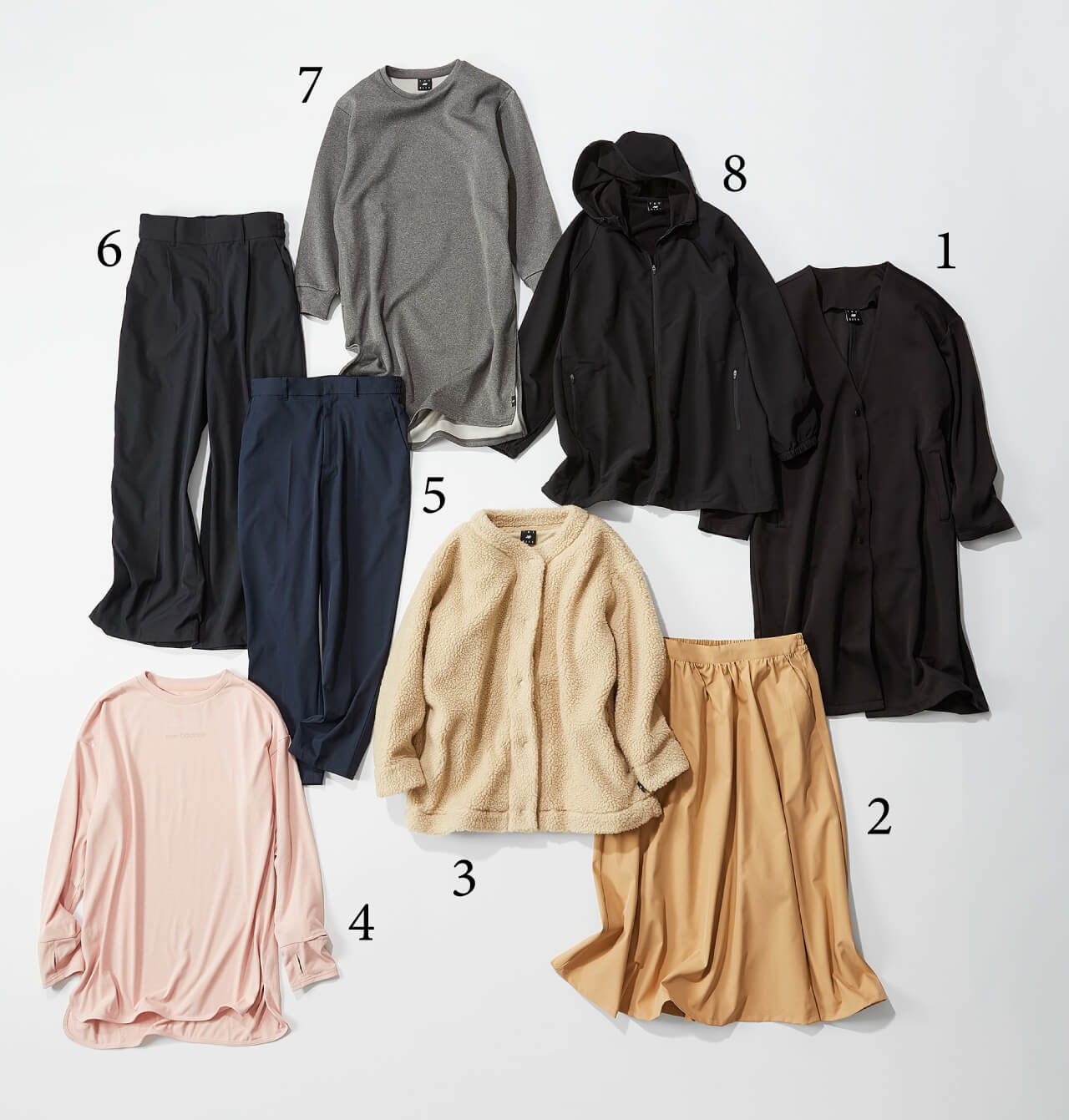 1THE CITY WOMEN ノーカラーコート ￥11880 2THE CITY WOMEN スカート ￥9790 3THE CITY WOMEN ボアジャケット　￥10890 4THE CITY ACTIVE オーバーサイズロングスリーブTシャツ ￥5280 5THE CITY WOMEN ストレートパンツ　￥9790 6THE CITY WOMEN ワイドパンツ ￥9790 7THE CITY WOMEN ニットワンピース ￥8690 8THE CITY ACTIVE ウーブンジャケット ￥12100