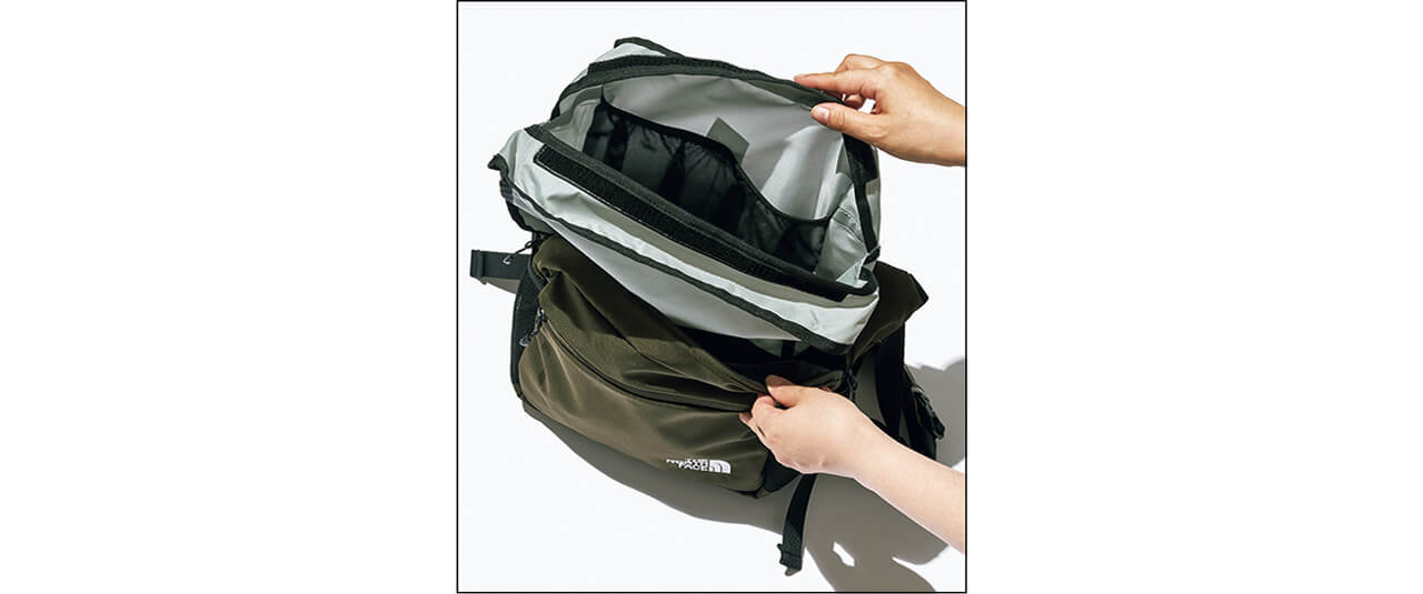 バッグの中には取り外して洗えるインナーライニング付き。オムツ替えのときに外して、ポーチのようにレストルームに持っていくことができるのも便利！