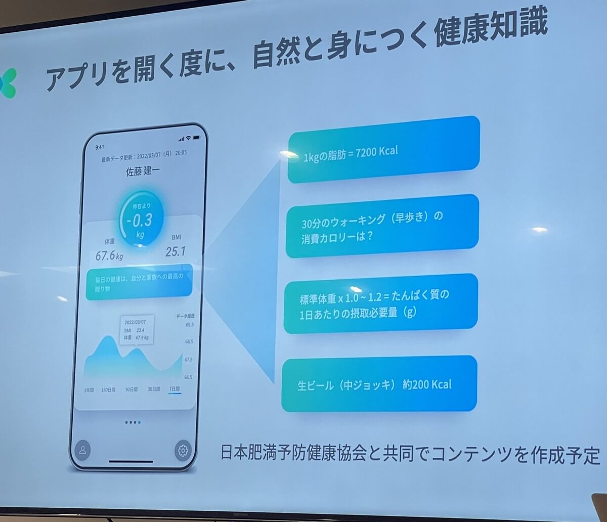 アプリを開いた時には、単に体重やBMI数値を確認するだけでなく、日本肥満予防健康協会と共同で作成した健康知識が表示されるとのこと