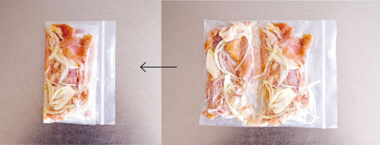 下味をつけた状態で保存袋に平らに詰め、袋の上から指で使う分ずつすじ目を入れ、折りたたんで冷凍
