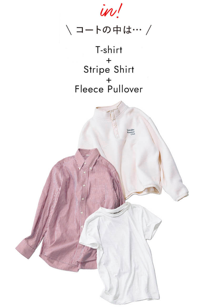 コートの中は… T-shirt + Stripe Shirt + Fleece Pullover