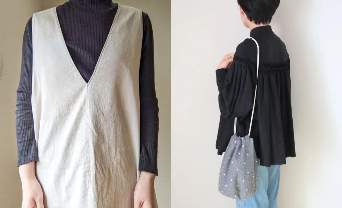 CHECK＆STRIPEの布で作る！「Vネックジャンパースカート」「巾着バッグ」がお気に入りです♪