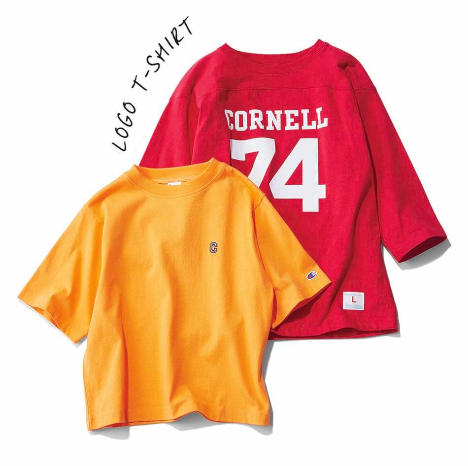 LOGO T-SHIRT　（上）1960年代のフットボールTシャツを復刻。エルボーパッチやグラフィックなど、当時の仕様そのまま。￥14300・（下）サステナブルなアメリカ綿「コットンUSA」を使用。左胸の「C」を、ボディカラーごとに異なるマルチカラーで刺繍するこだわりも。￥4290／ヘインズブランズ ジャパン（チャンピオン）