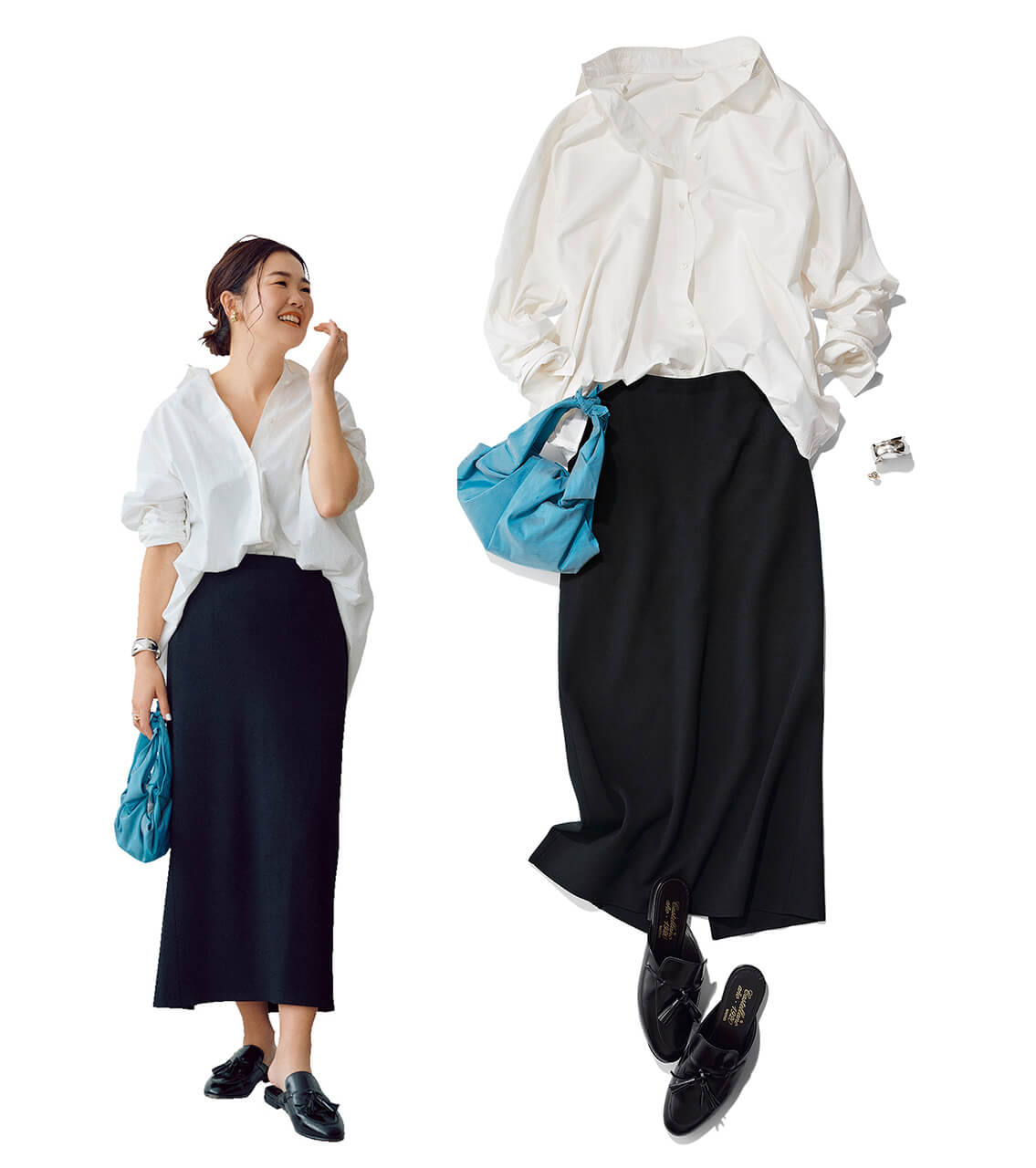 ビームスプレス目黒越子さん　shirt：AK+1 skirt, bangle：Demi-Luxe BEAMS ring：Fruitsjolie bag：PAPYRUS shoes：castellano× Demi-Luxe BEAMS
