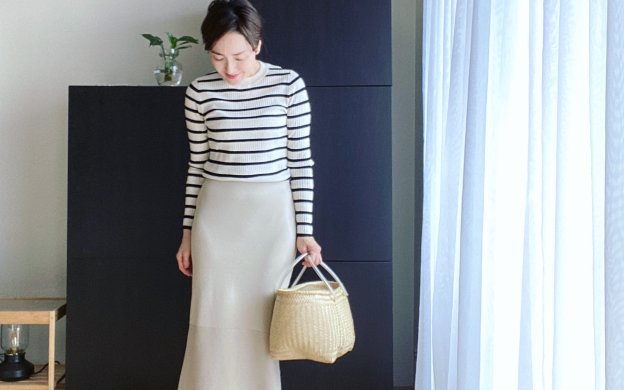 写真：ZARA リブニット ストライプセーター　Whim Gazette ニットスカート　着画　全身全面