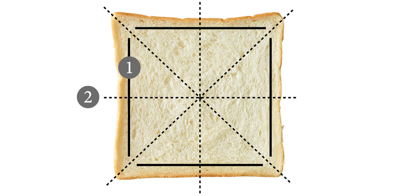 ①パンの耳に沿って四辺に、厚さの半分程度切り込みを入れる。②田の字形、さらに対角線に切り込みを入れる。
