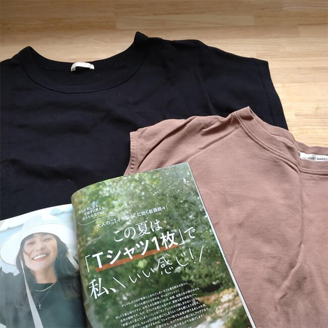 写真：LEE7月号のTシャツ特集のページと100人隊のTシャツ