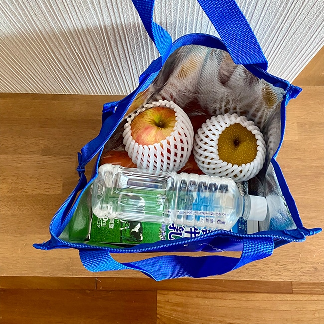 写真：【LEE2023年10月号特別付録】イッタラ ときめく北欧ブルー 保冷・保温スクエアトートにリンゴ2個ペットボトル1本入っている様子
