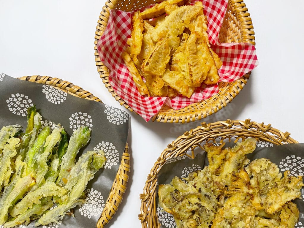 アマドコロ　あまどころ　たけのこ　タケノコ　筍　甘野老　山菜　天ぷら　天麩羅　てんぷら　舞茸　まいたけ　舞茸天ぷら　LEE100人隊　TBはな　料理部