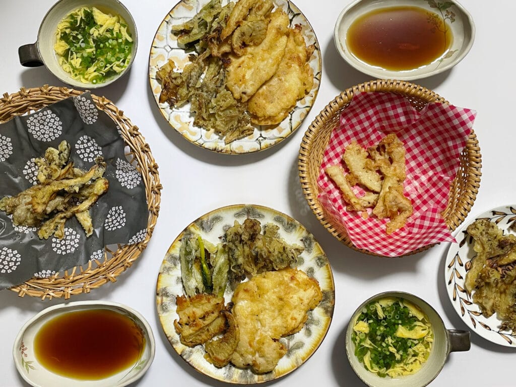 アマドコロ　あまどころ　たけのこ　タケノコ　筍　甘野老　山菜　天ぷら　天麩羅　てんぷら　舞茸　まいたけ　舞茸天ぷら　LEE100人隊　TBはな　料理部