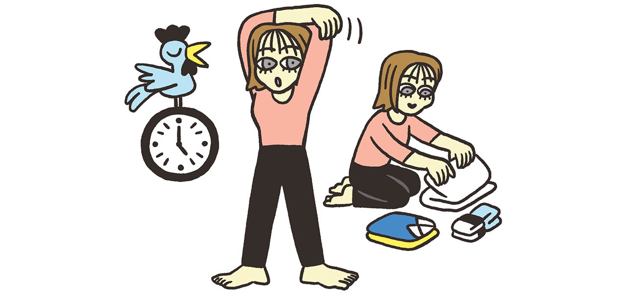 イラスト：朝5時に起きて、体を動かすなどの自分時間と家事の先取り