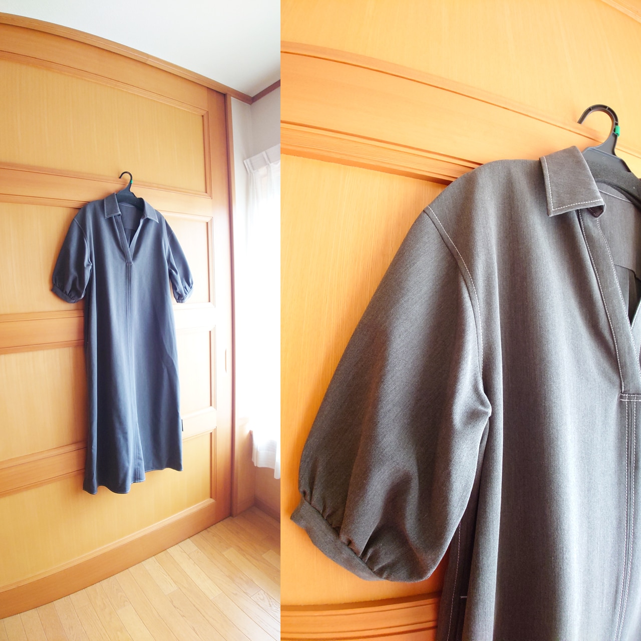 STYLE DELI【LUXE】カラーステッチスキッパーワンピース ダークグレーの襟と袖の拡大