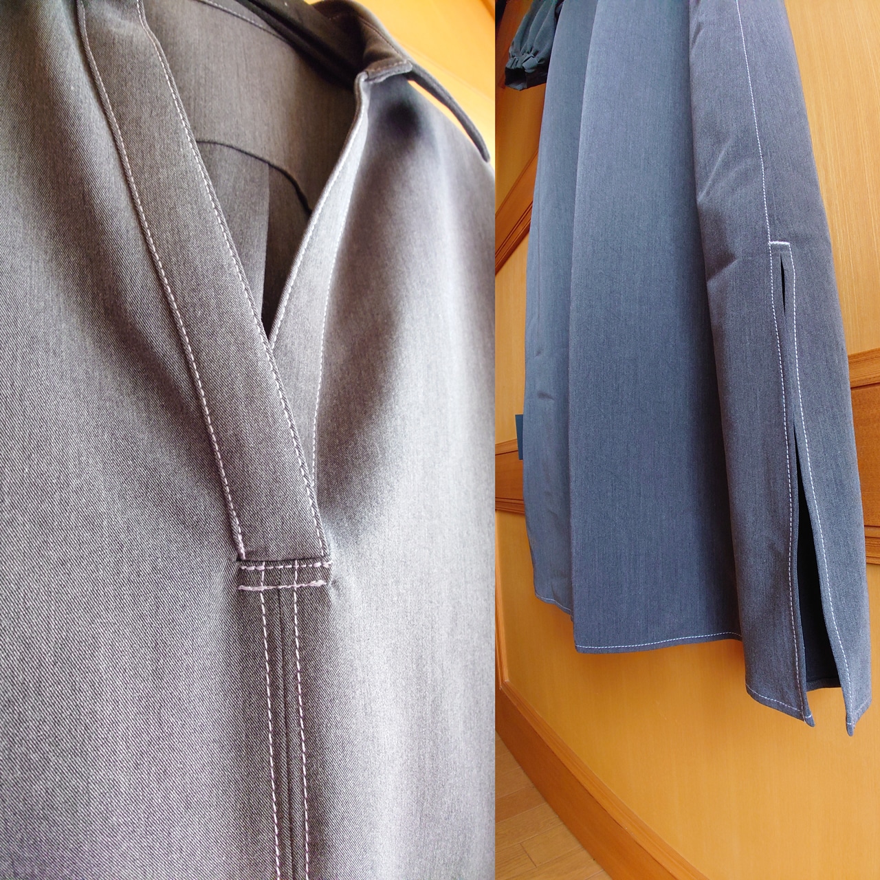 STYLE DELI【LUXE】カラーステッチスキッパーワンピース ダークグレーの開襟部分と裾のスリット