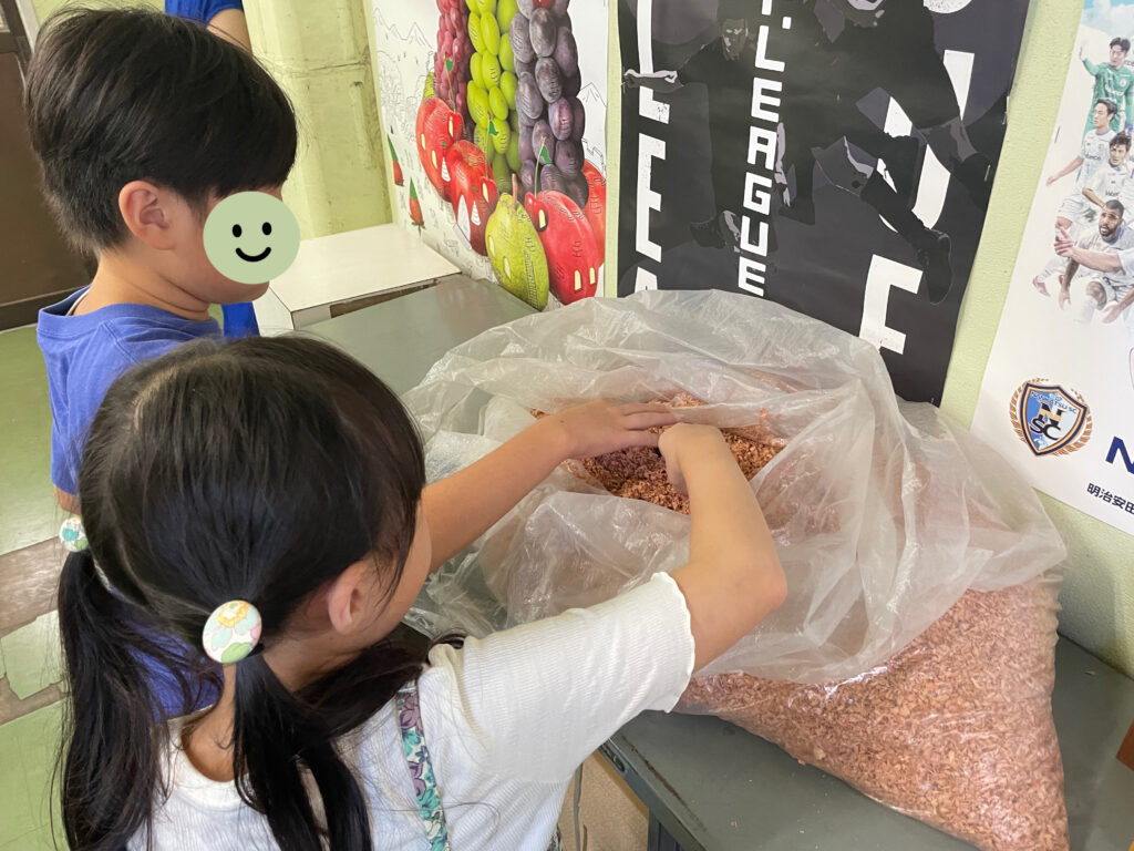 北星株式会社の工場見学施設で、おがくずを触る体験。