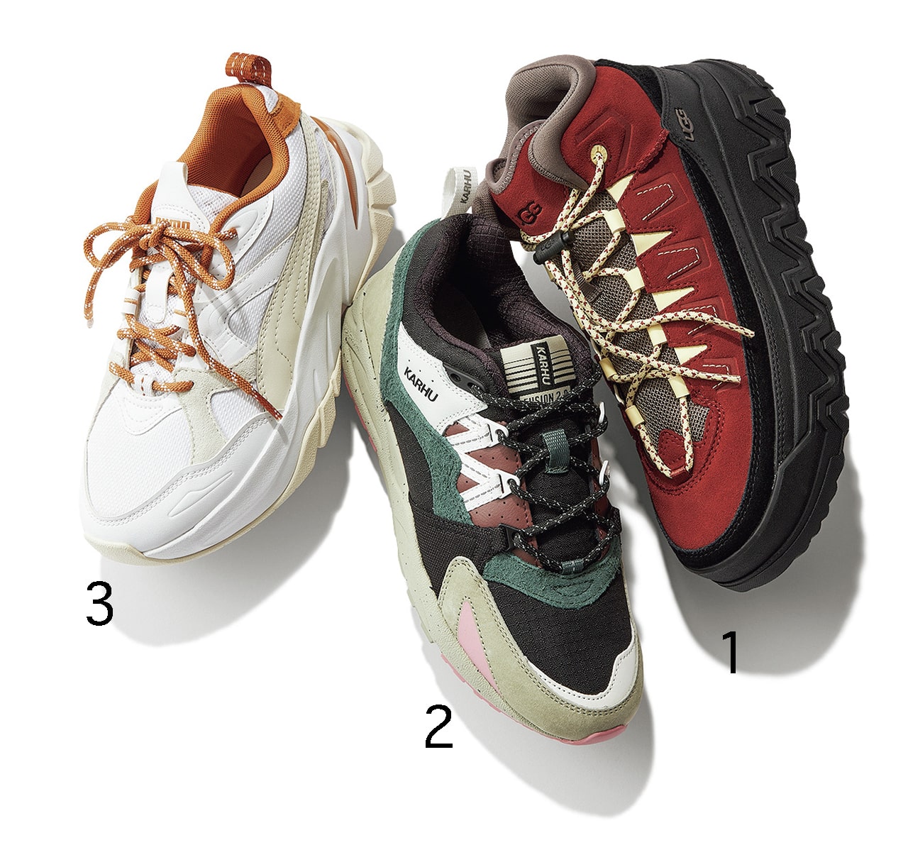 UGG【Captrail High】￥27500／デッカーズジャパン（アグ）　

KARHU【Fusion2.0】￥19800／カルフ トウキョウ（カルフ）　

PUMA【SOPHYR】￥14300／プーマ お客様サービス（プーマ）