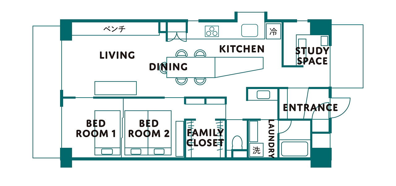 家族6人、58㎡の部屋が手狭になったため、同じマンション内に女性4人用の部屋を追加で購入。