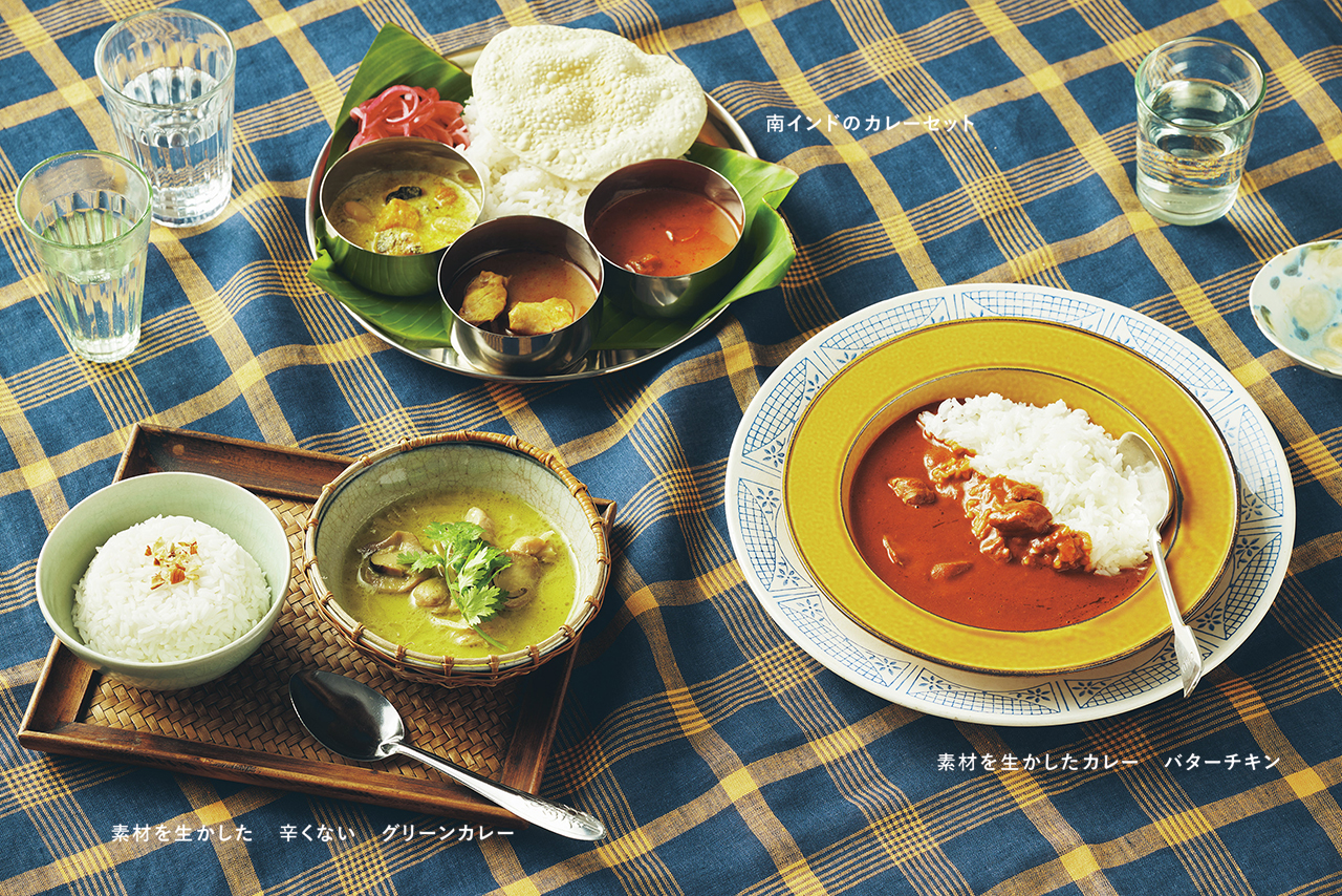 南インドのカレーセット　素材を生かしたカレー　バターチキン　素材を生かした　辛くない　グリーンカレー