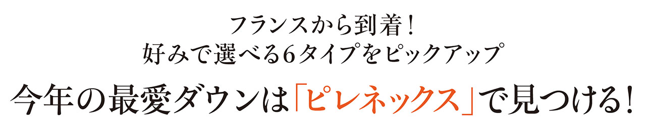 フランスから到着！
好みで選べる6タイプをピックアップ
今年の最愛ダウンは「ピレネックス」で見つける！