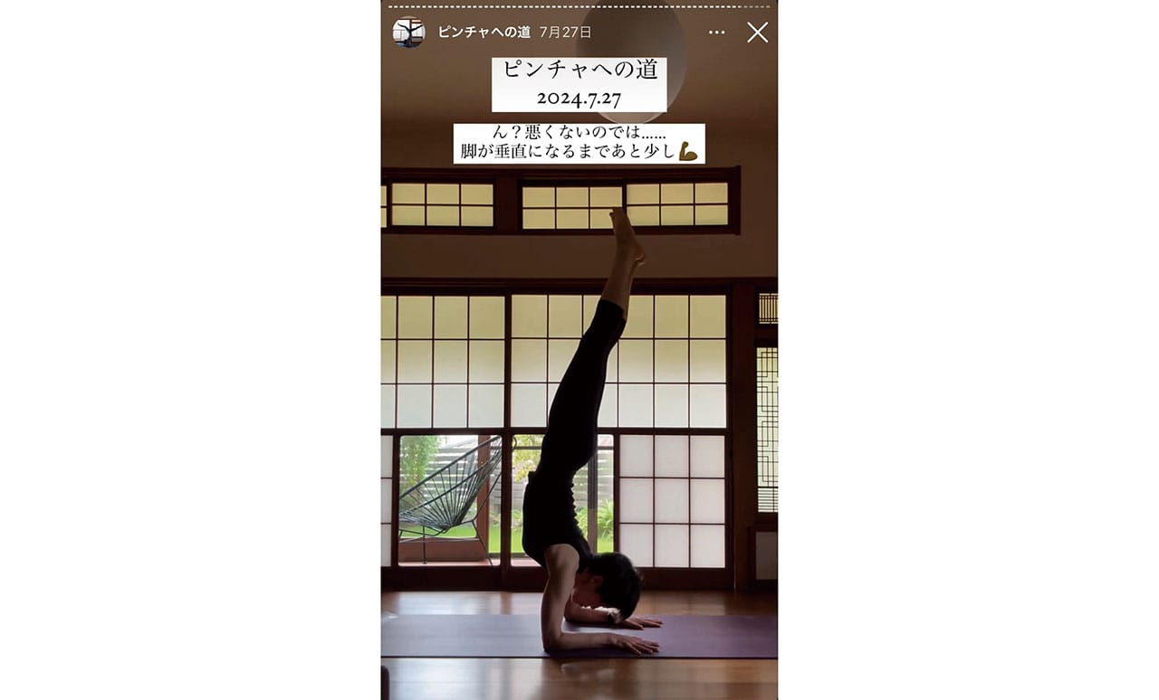 Instagramのストーリーに、“ピンチャへの道”と題してヨガのポーズを練習する動画をアップ中。