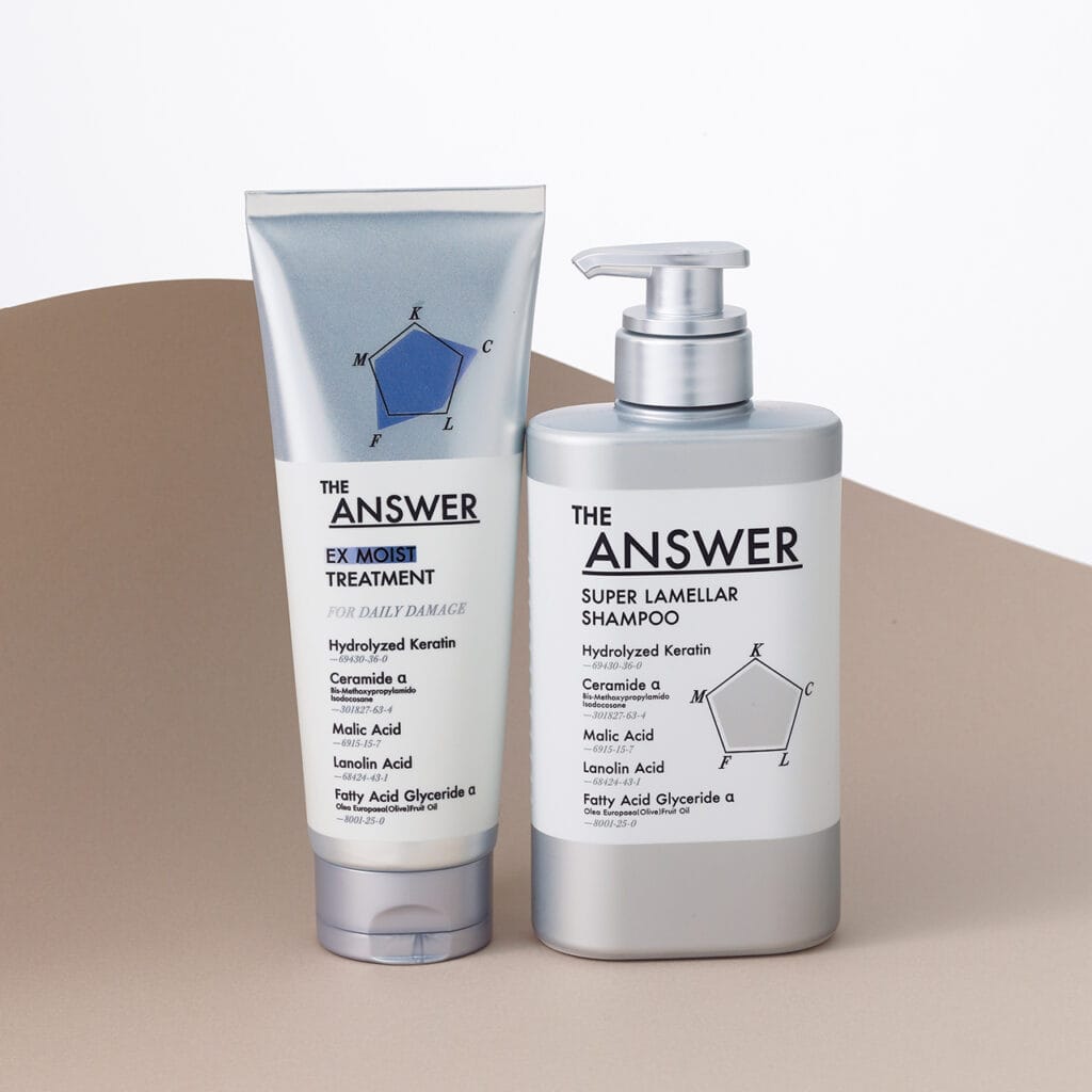 THE ANSWER（ジアンサー）
（右）スーパーラメラシャンプー・（左）EXモイストヘアトリートメント　