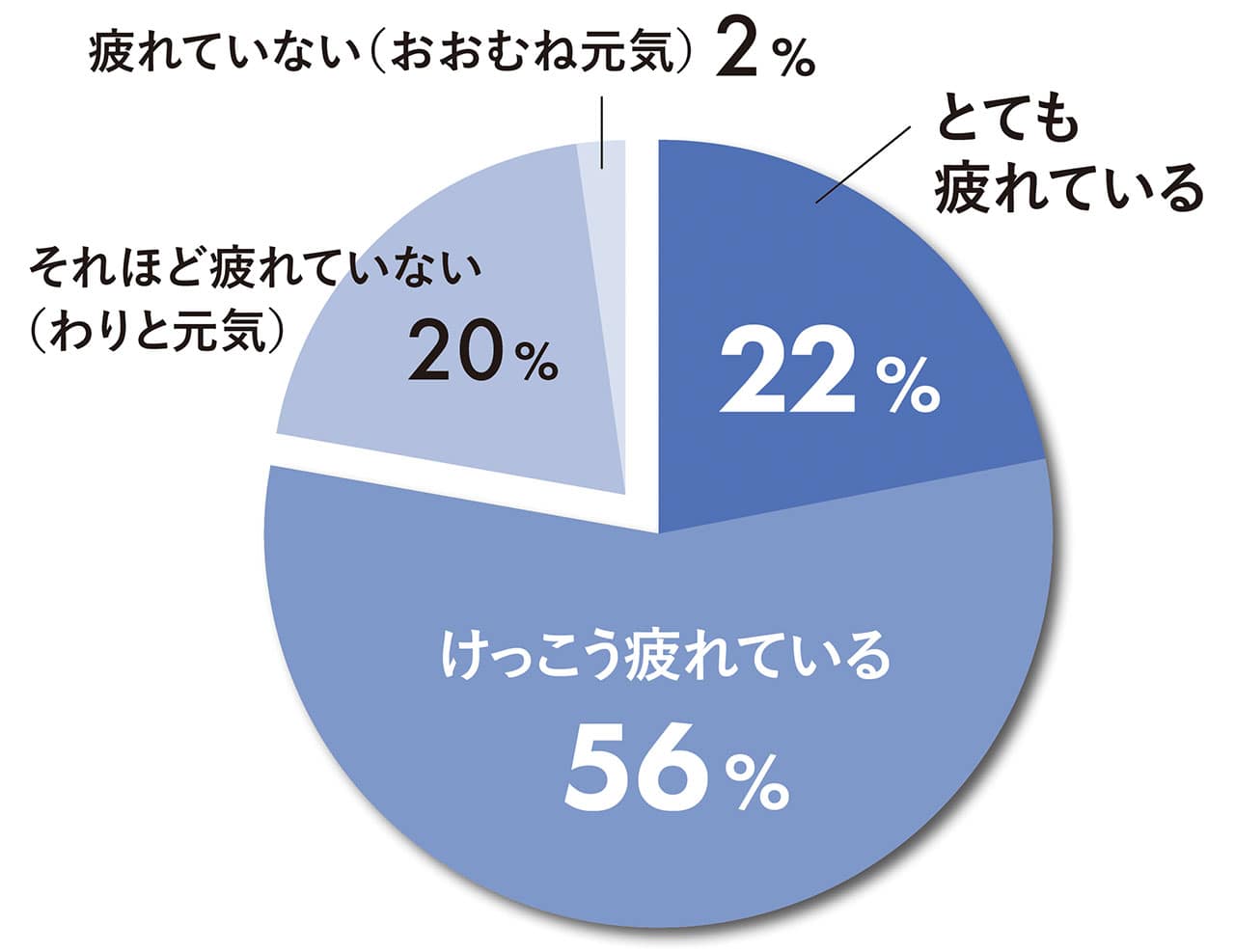 疲れていない（おおむね元気）2%　それほど疲れていない（わりと元気）20%　とても 疲れている22%　けっこう疲れている56%