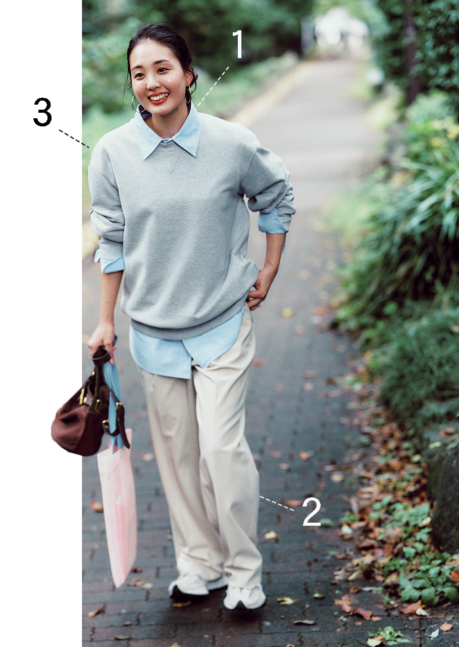 ライター高橋夏果さん　スウェット【メンズ】￥2990・シャツ[メンズ]￥2990・パンツ￥3990／ユニクロ