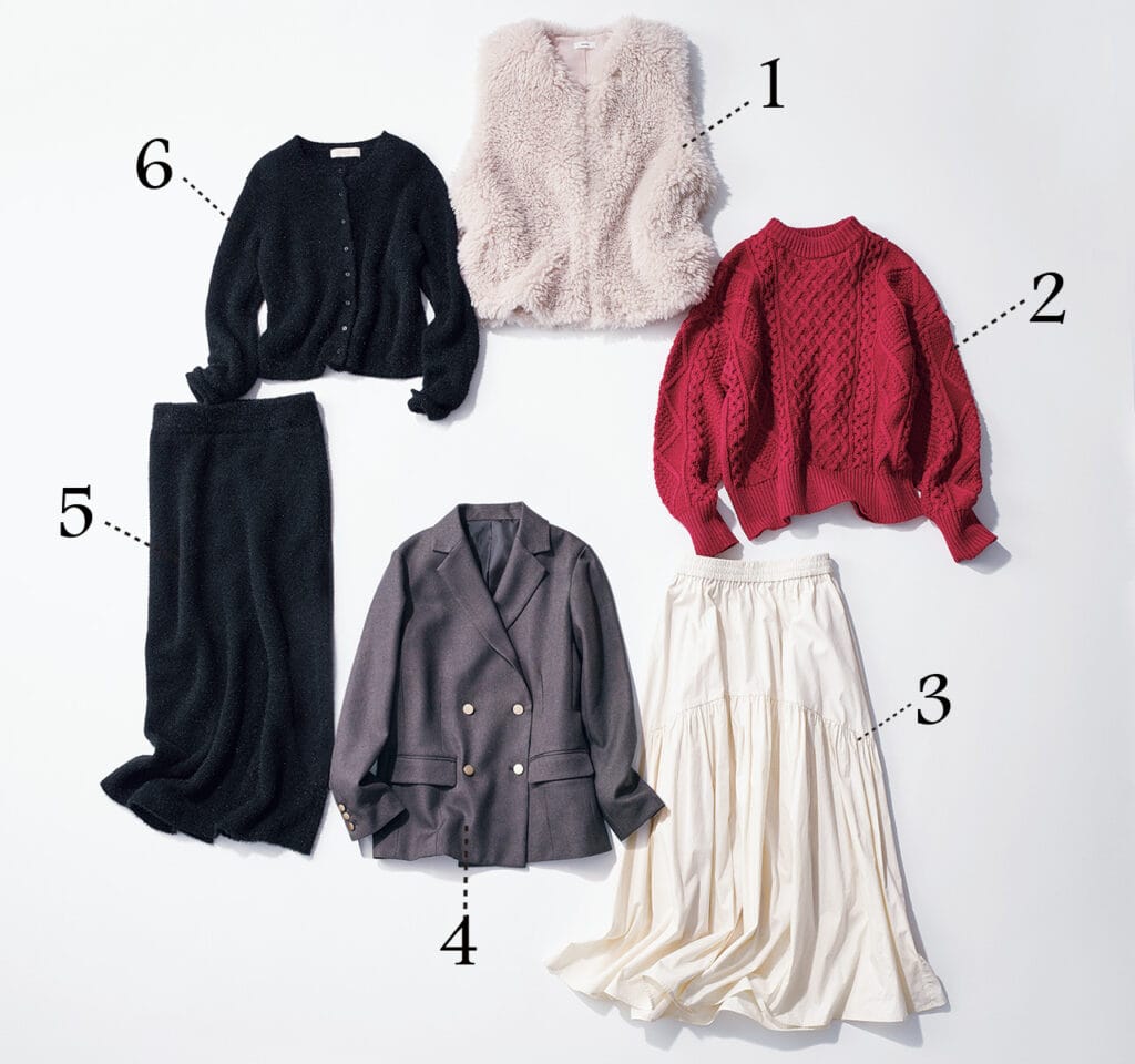 （中央上から時計回り）ファーベスト￥4950／エレメントルール カスタマーサポート（サルーン）　ニット￥6996・スカート￥8580／フリークス ストア渋谷（フリークス ストア）　ジャケット￥8798／ワールド プレスインフォメーション（グローブ）　スカート￥7590・カーディガン¥8910／ビーミング ライフストア by ビームス ららぽーとTOKYO-BAY店（ビーミング by ビームス）