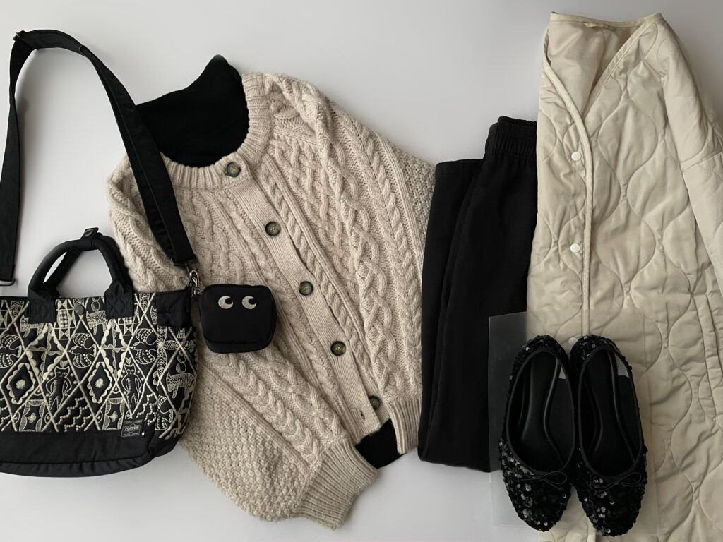 ユニクロGUコーデ ミナペルホネン PORTER ポーター LEE100人隊 TB はな 今日なに着てる 2025年1月中旬コーデ置き画4