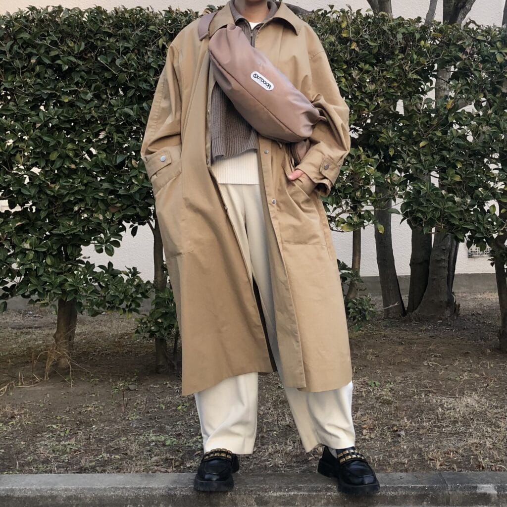 FASHIRU ステンカラーコート OUTDOORPRODCTS 100人隊 別注 バッグ LEEマルシェ for/c タックパンツ 地味色コーデ