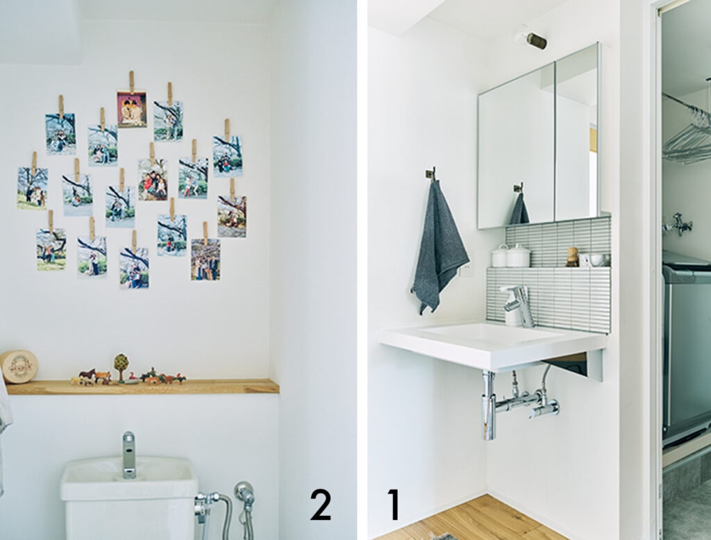 ミニマムな洗面台と飾り棚があるトイレ