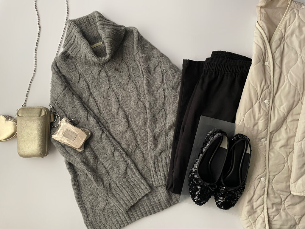 ユニクロGU2月初旬コーデ置き画2 LEE100人隊 TB はな ローリーズファームのバレエシューズ